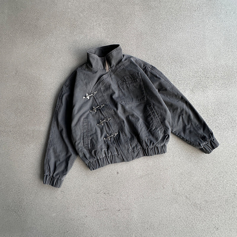 Metal Clasp Bomber Jacket – Washed Cotton Flight Jacket with Diagonal Buckle