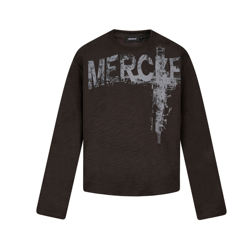 Long sleeve slub cotton crew neck tee with distressed MERCIE graffiti cross print on chest in dark charcoal brown