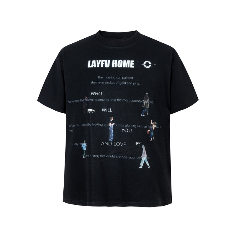 T-shirt streetwear graphique – Motif personnage et lettrage, col rond, manches courtes