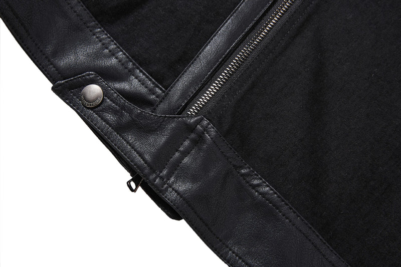 Boxy Moto Jacket – Black Denim & PU Leather Panel Biker Jacket
