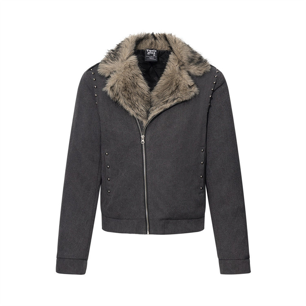 Veste moto homme à col en fausse fourrure – Zip diagonal, détails cloutés, gris anthracite