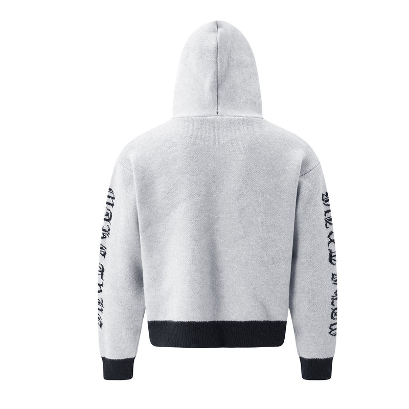 Gothic Cross Knit Zip-Up Hoodie with Old English Sleeve Script