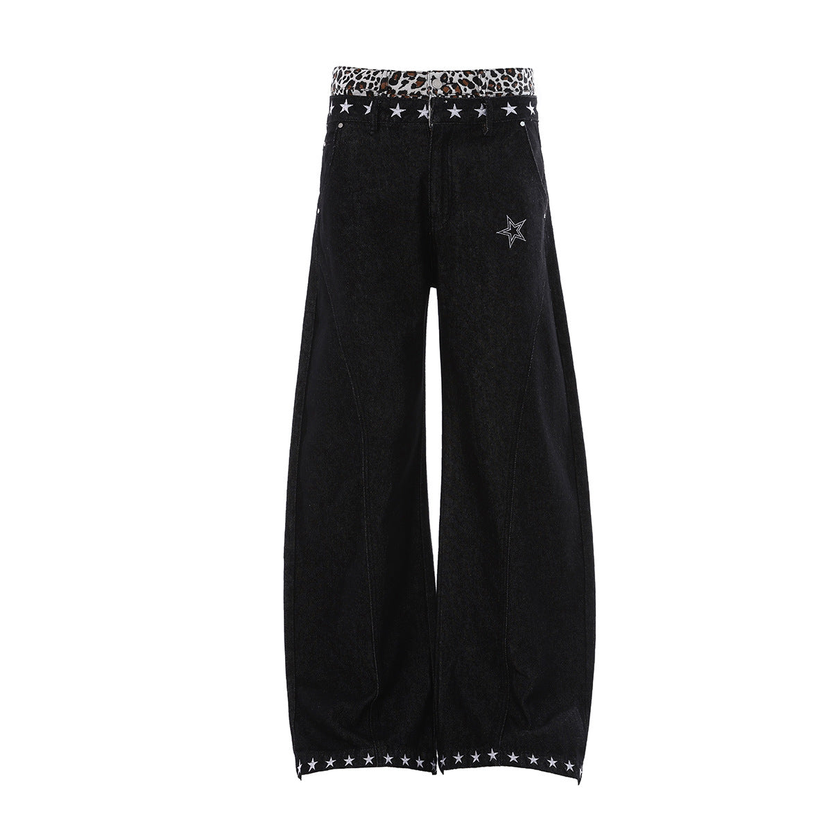 Baggy Wide-Leg Jeans with Star Embroidery & Leopard Waistband – Black