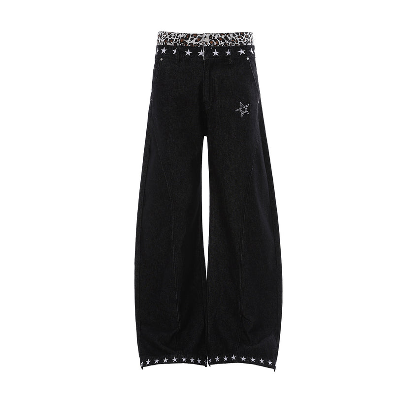 Baggy Wide-Leg Jeans with Star Embroidery & Leopard Waistband – Black