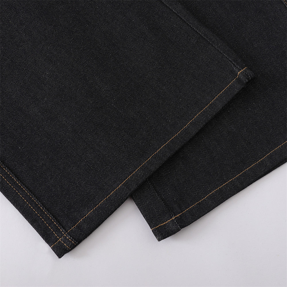 Men's Black Cargo Denim Jeans Wide-Leg Straight Fit with Large Pockets