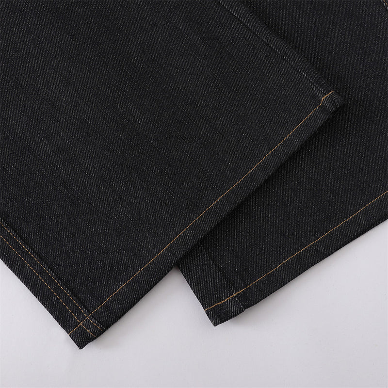 Men's Black Cargo Denim Jeans Wide-Leg Straight Fit with Large Pockets