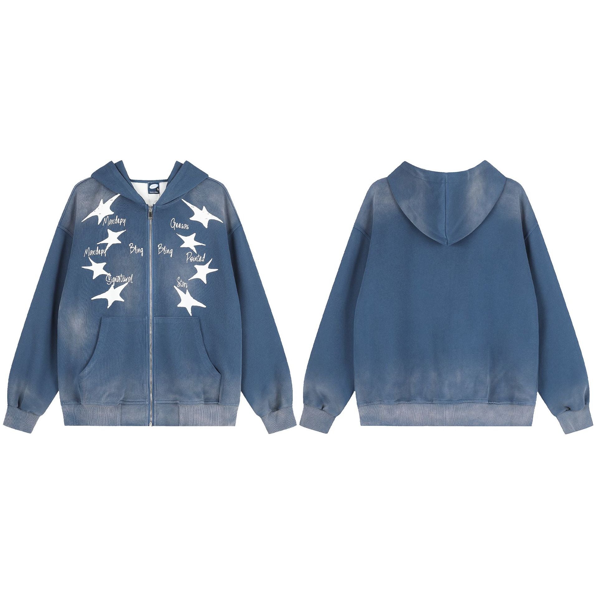 Sudadera Lavada con Cremallera y Estampado de Estrellas — Streetwear Vintage Azul Extragrande