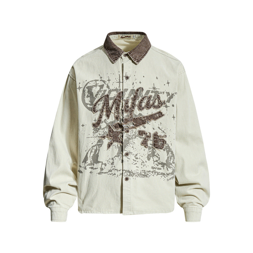 Men's oversized washed khaki long sleeve collared shirt with distressed varsity graphic print and contrast brown collar