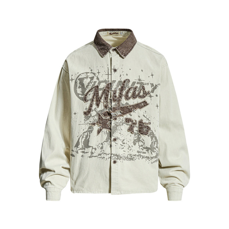 Men's oversized washed khaki long sleeve collared shirt with distressed varsity graphic print and contrast brown collar