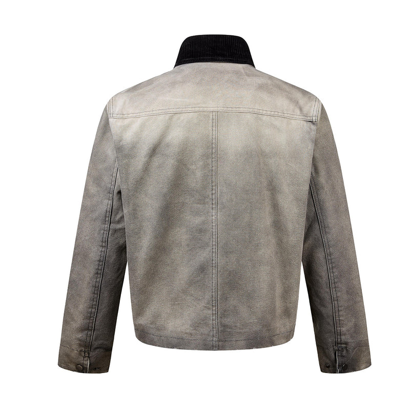 Boxy Washed Denim Workwear Jacket with Corduroy Collar & Clasp Closure