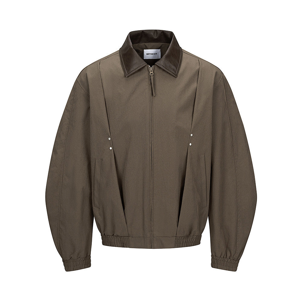 Men's Pleated Bomber Jacket with PU Leather Collar — Relaxed Fit Workwear Flight