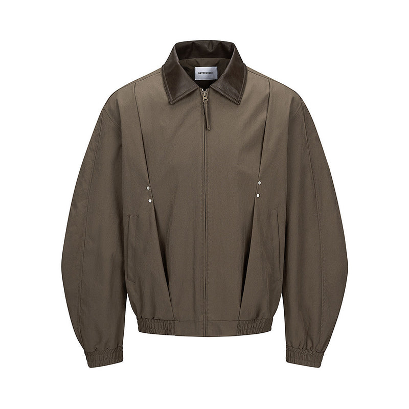 Men's Pleated Bomber Jacket with PU Leather Collar — Relaxed Fit Workwear Flight