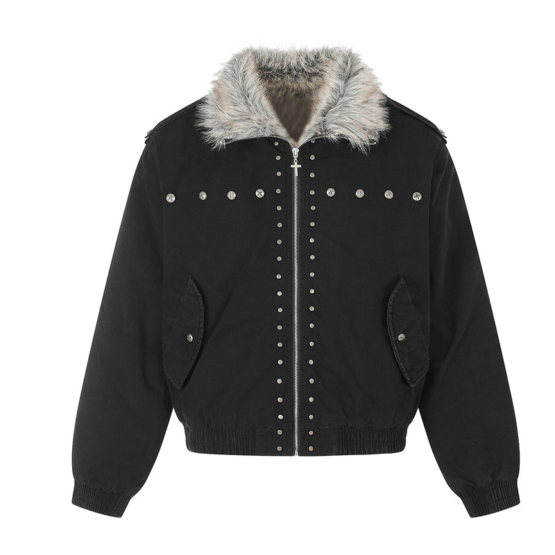 Studded Faux Fur Collar Bomber Jacket – Padded Moto-Inspired Winter Coat