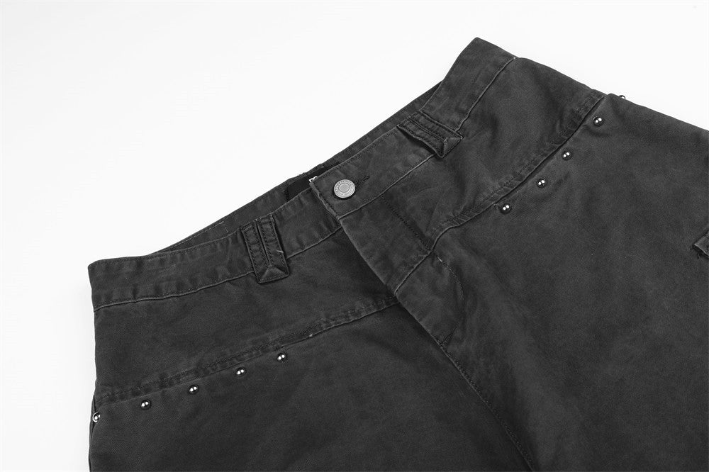 Pantalon cargo homme à jambes larges – Ceinture cloutée multi-poches, coupe droite décontractée
