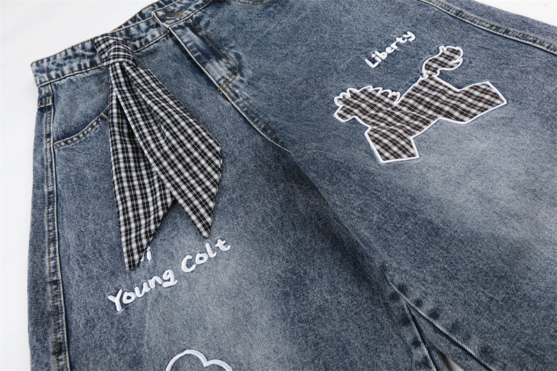 Cartoon Embroidered Wide-Leg Denim Shorts with Detachable Plaid Scarf Tie