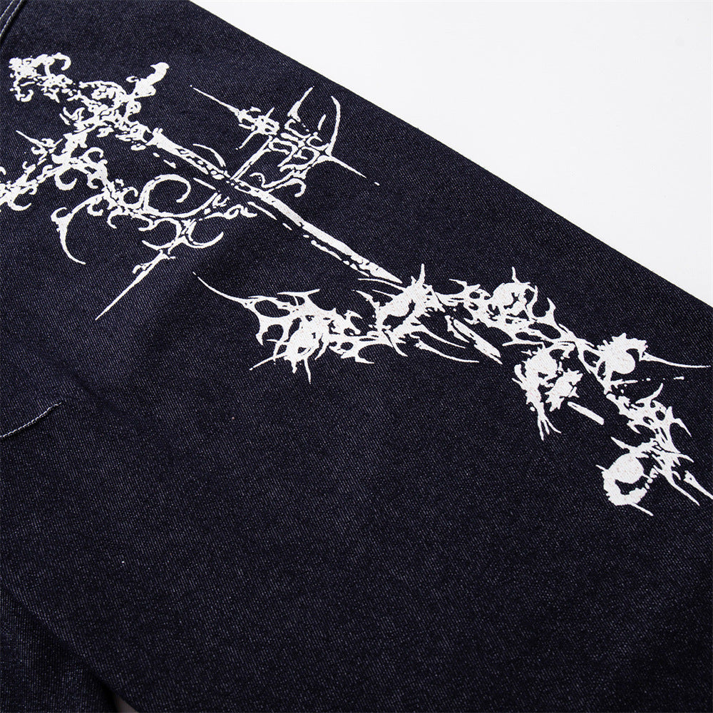 Wide-Leg Jeans with Gothic Cross & Script Embroidery, Button Fly, Dark Indigo