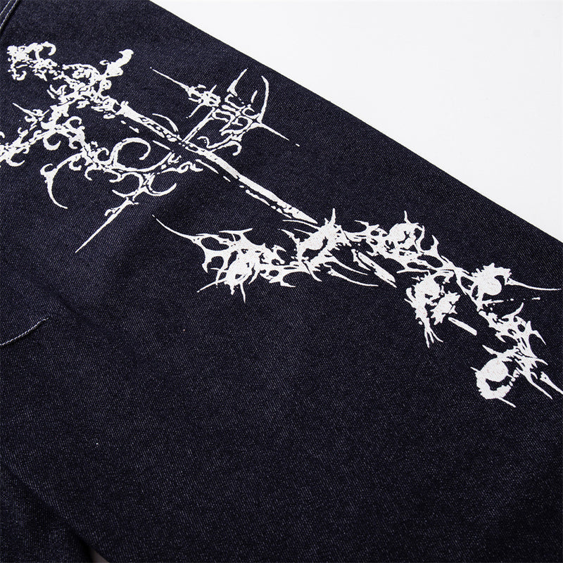 Wide-Leg Jeans with Gothic Cross & Script Embroidery, Button Fly, Dark Indigo