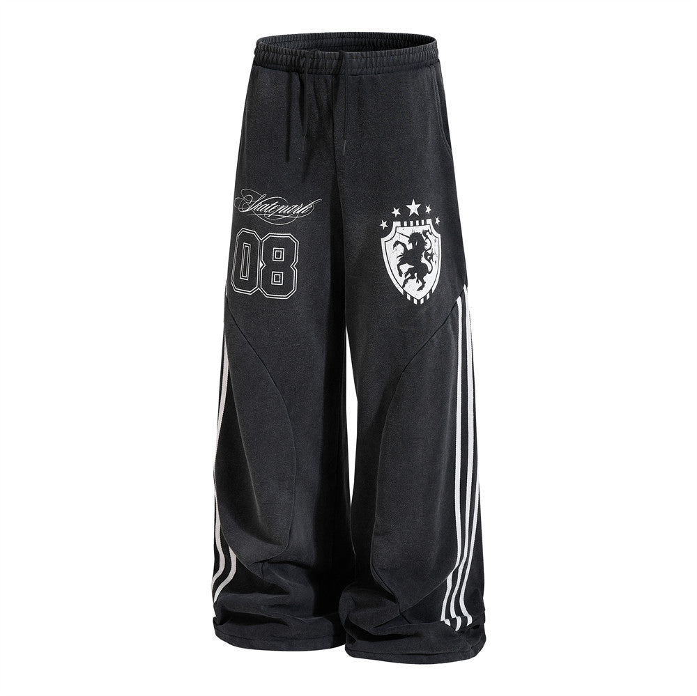 Baggy Wide-Leg Sweatpants – Black Vintage Graphic with Side Stripe Detail