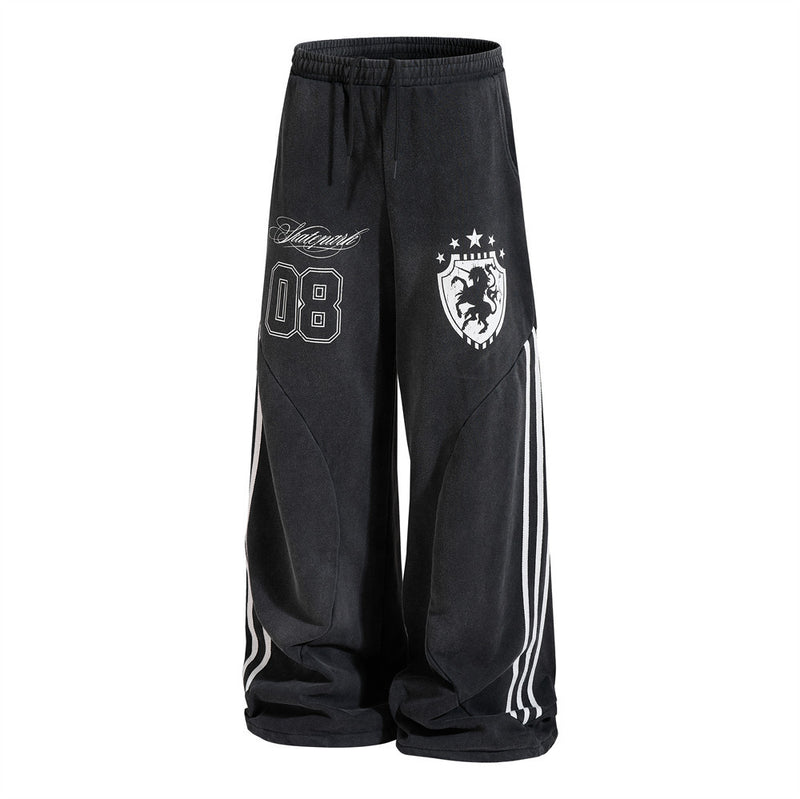 Baggy Wide-Leg Sweatpants – Black Vintage Graphic with Side Stripe Detail