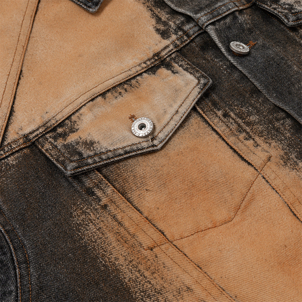 Oversized Acid-Wash Distressed Denim Jacket – Bleached Tie-Dye Punk Streetwear