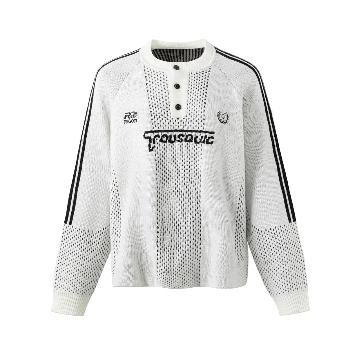 White open-knit varsity stripe sweater with Henley neckline, raglan sleeves, and dual black racing stripes, front and back vi
