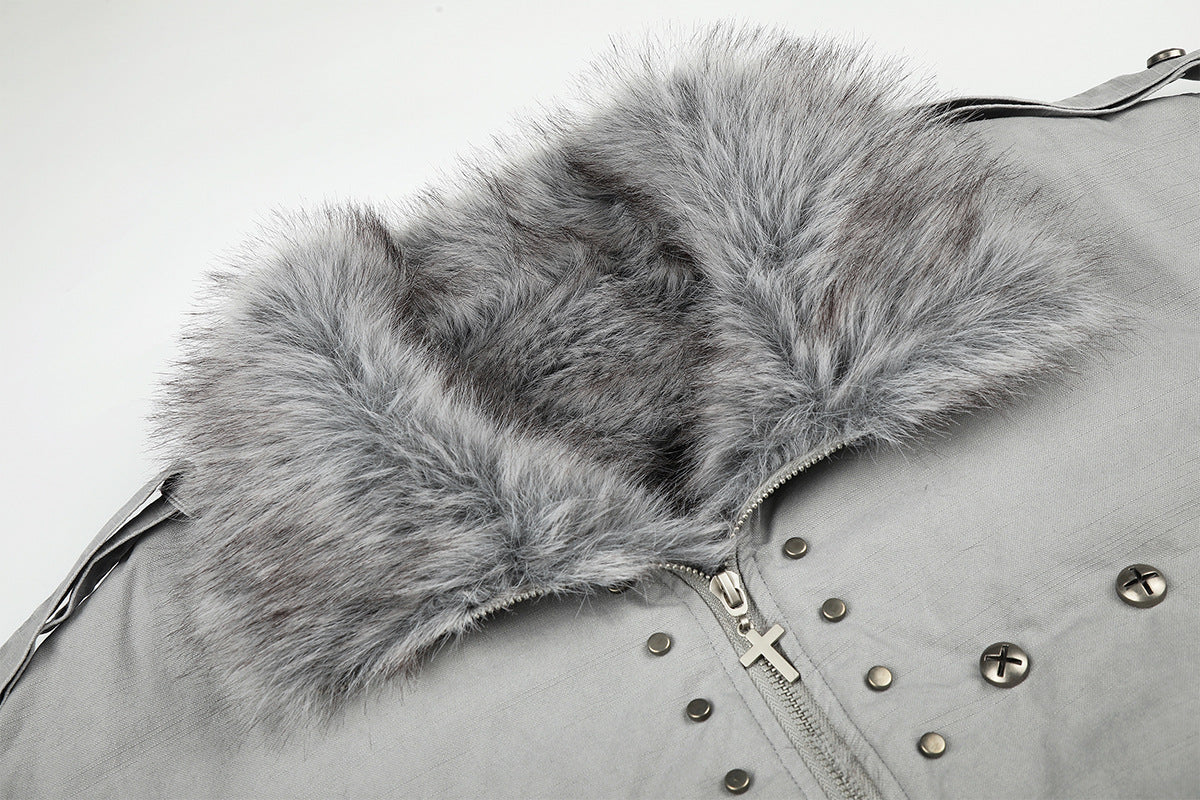 Studded Faux Fur Collar Bomber Jacket – Padded Moto-Inspired Winter Coat