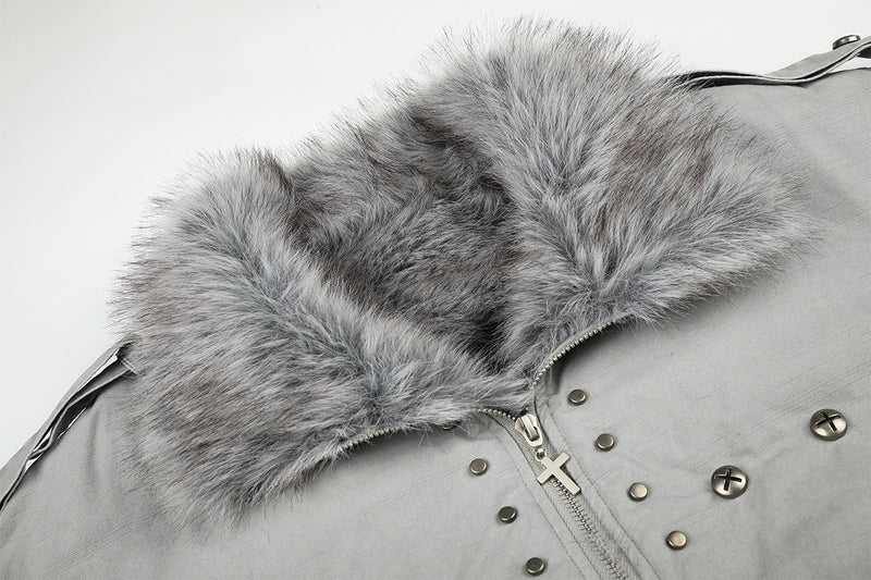 Studded Faux Fur Collar Bomber Jacket – Padded Moto-Inspired Winter Coat