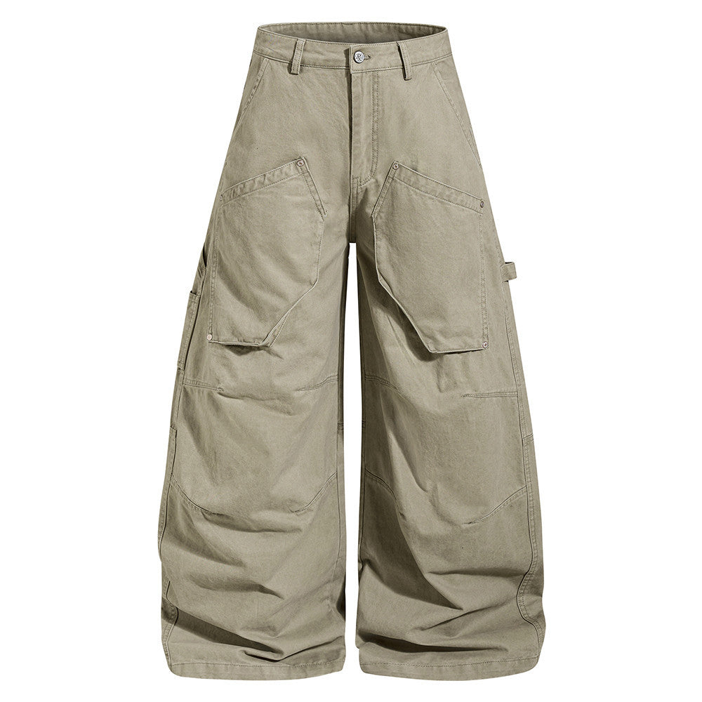Men's Wide-Leg Cargo Pants – Loose Fit Multi-Pocket Arc-Hem Streetwear Trousers