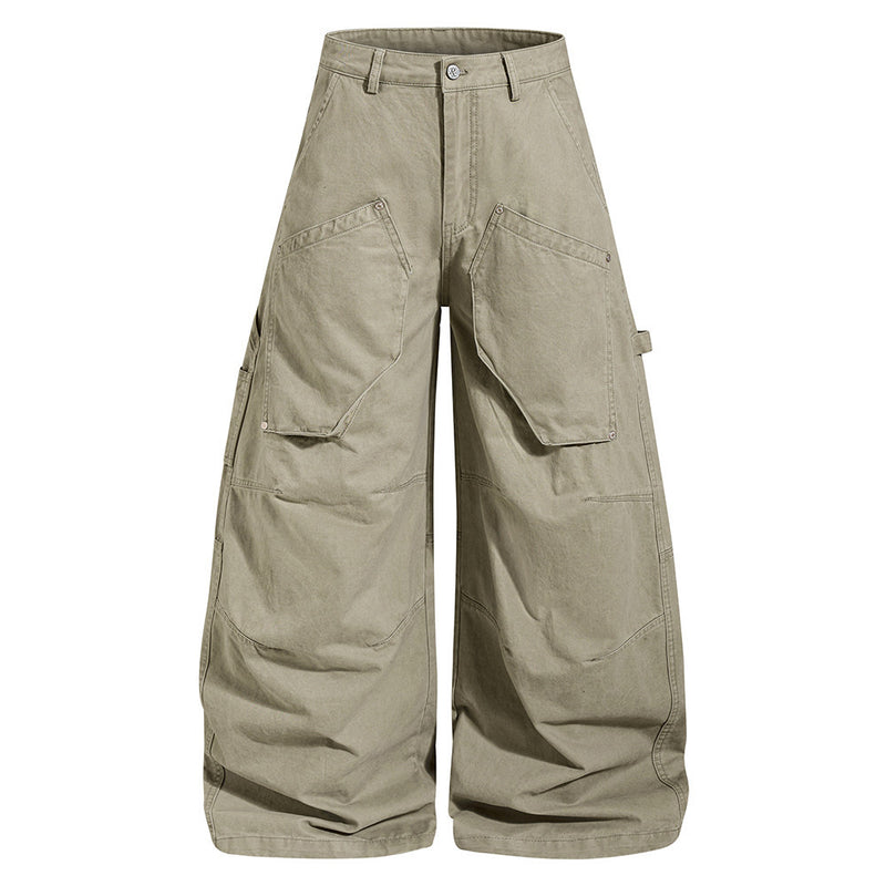 Men's Wide-Leg Cargo Pants – Loose Fit Multi-Pocket Arc-Hem Streetwear Trousers