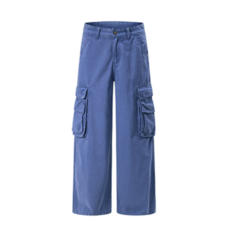 Pantalon cargo homme à jambes larges – Pantalon droit délavé à poches multiples