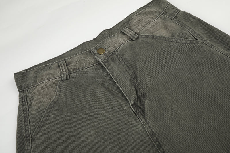 Wide-Leg Cargo Jeans – Washed Denim, Straight-Fit with Multi-Pocket Detail