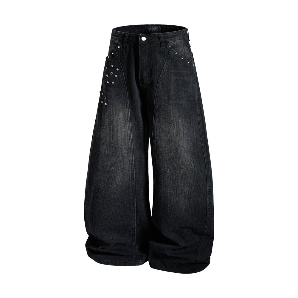Men's Baggy Black Jeans Wide-Leg Rivet Punk Washed Denim Pants