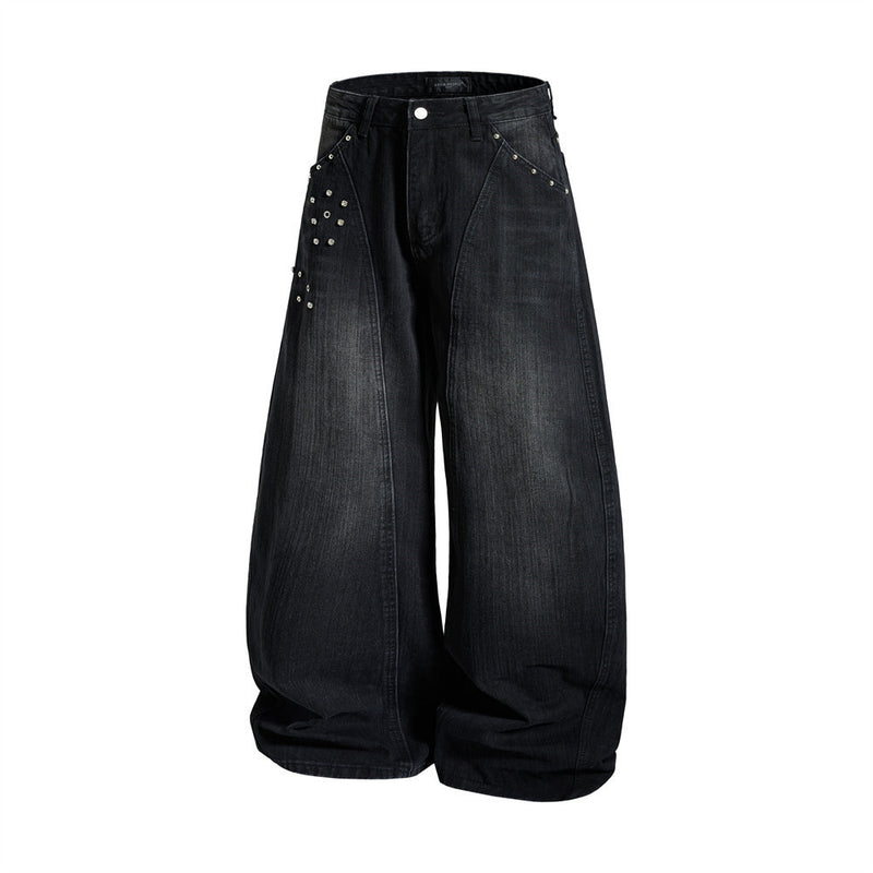 Men's Baggy Black Jeans Wide-Leg Rivet Punk Washed Denim Pants
