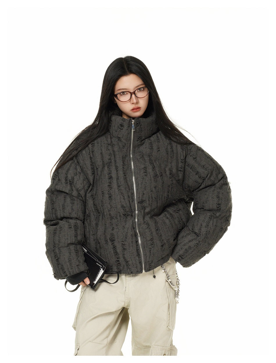 Distressed Texture Puffer Jacket Stand Collar Padded Coat