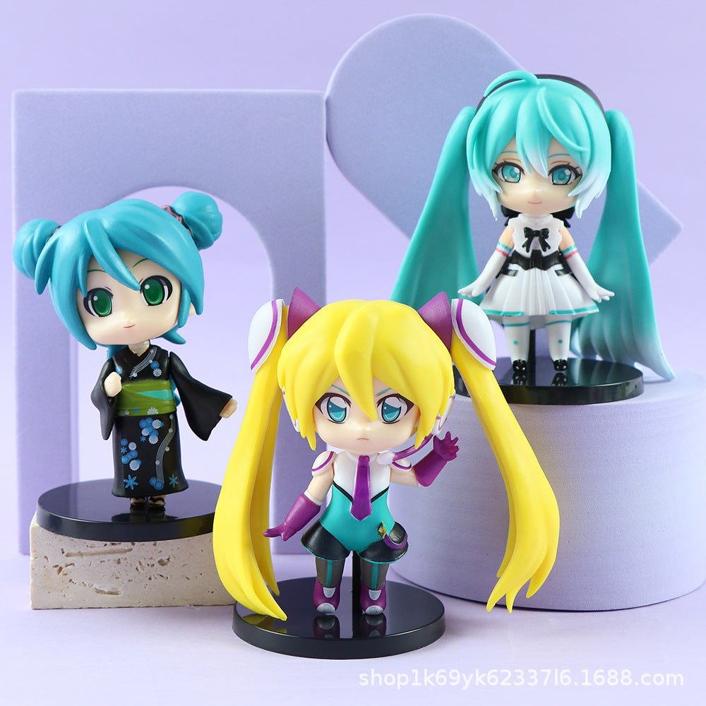 The display includes a 6-piece set of Hatsune Miku Kimono figures, each 9.4cm tall with customizable features. It features Miku with teal pigtails and a black outfit, one in long teal hair with a white dress, and another with long yellow hair in purple and black attire.