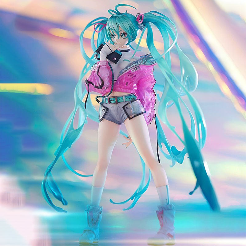 A high-quality Hatsune Miku 24cm PVC figure features long turquoise hair and a pink and white futuristic outfit, set against vibrant, abstract patterns for an energetic atmosphere.