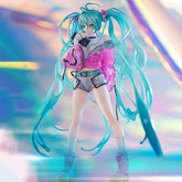 A high-quality Hatsune Miku 24cm PVC figure features long turquoise hair and a pink and white futuristic outfit, set against vibrant, abstract patterns for an energetic atmosphere.