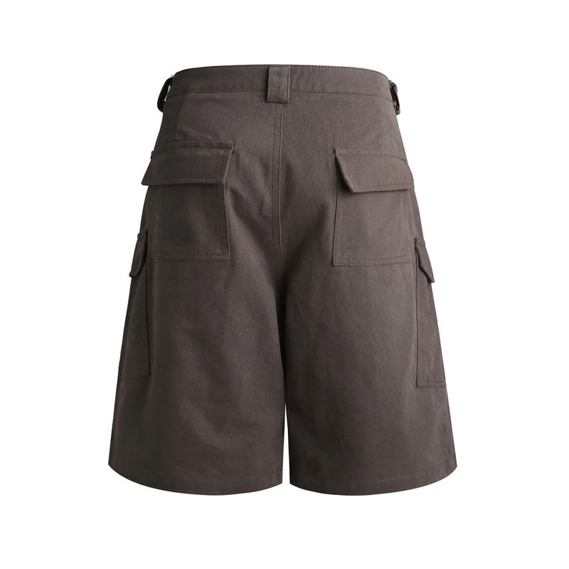 Brown cargo shorts back view with flap pockets and wide relaxed leg