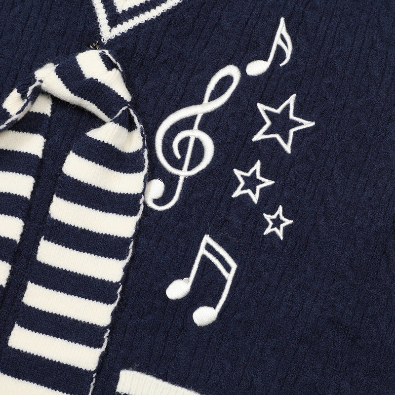 V-Neck Cable Knit Sweater Vest with Music Note Embroidery & Striped Tie Detail