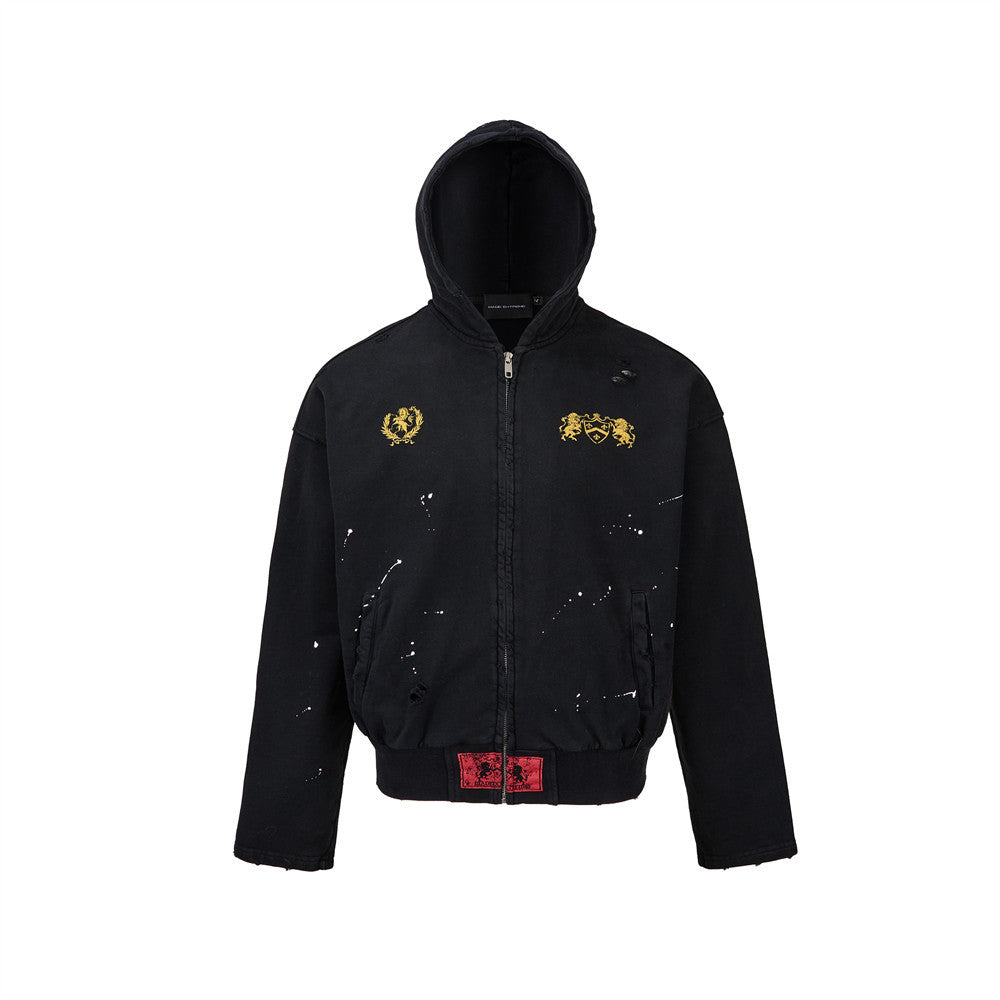 Oversized Zip-Up Hoodie Men — Distressed Heraldic Embroidery, Cropped Bomber Fit