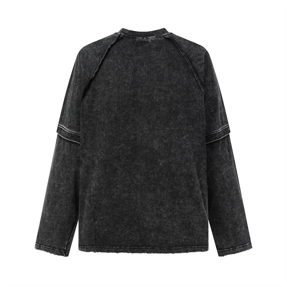T-shirt manches longues à double épaisseur effet superposé, délavé à l’acide – Col ras-du-cou punk pour homme à ourlet brut