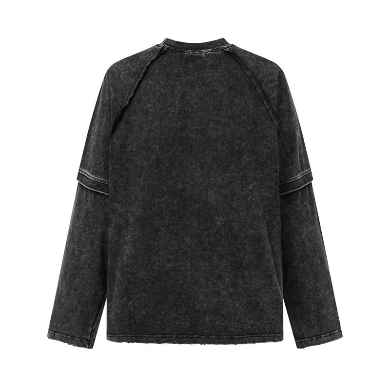T-shirt manches longues à double épaisseur effet superposé, délavé à l’acide – Col ras-du-cou punk pour homme à ourlet brut