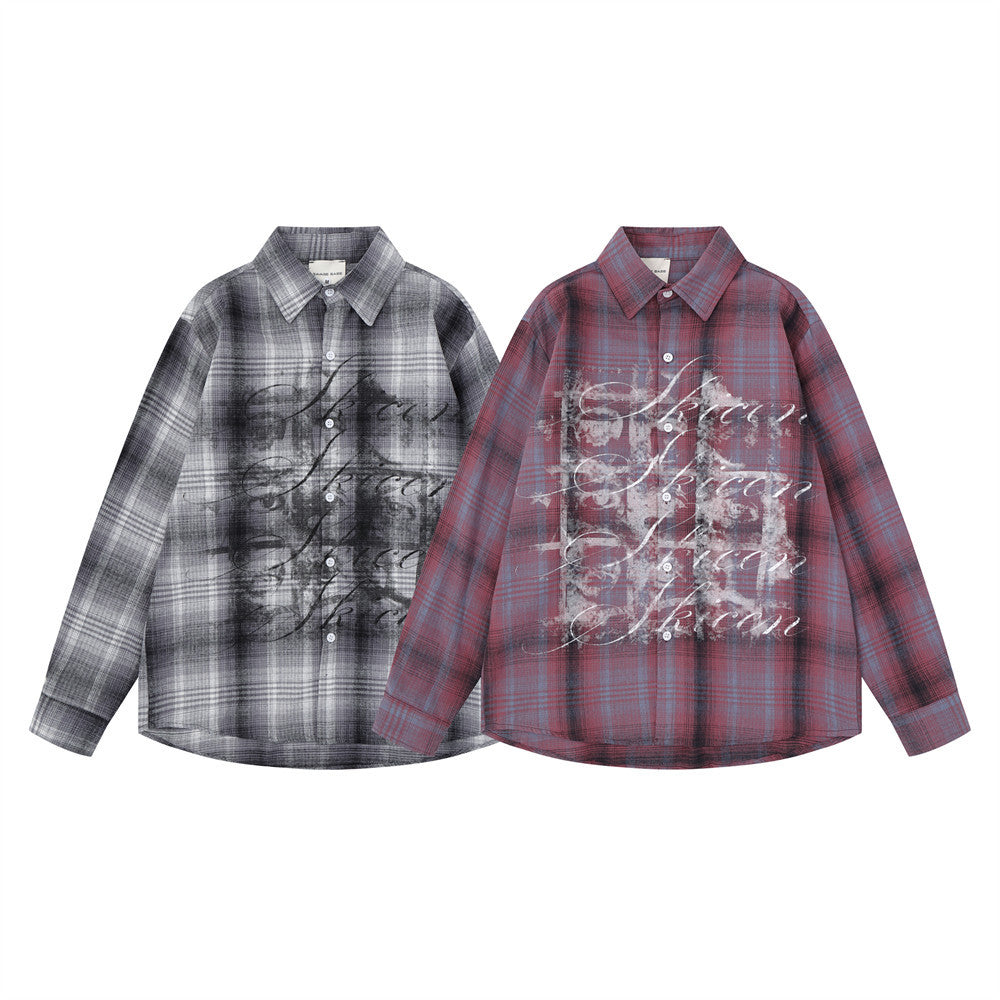 Oversized Button-Up Shirt Plaid Graffiti Print Long Sleeve