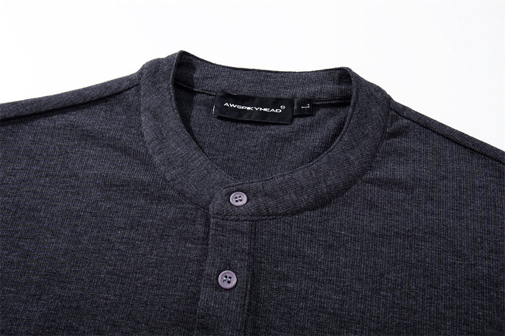 Henley Shirt Long Sleeve Men's Slim-Fit Stand Collar Button Placket Top