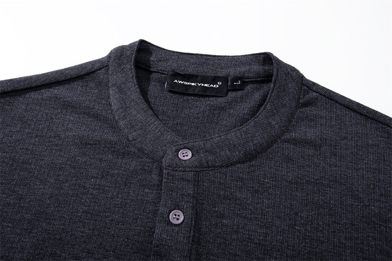 Henley Shirt Long Sleeve Men's Slim-Fit Stand Collar Button Placket Top