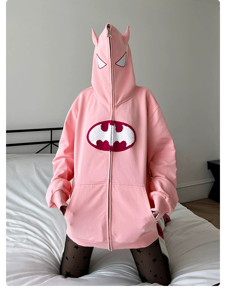 Von Batman inspirierter Hoodie – Übergroßes, rosa Superhelden-Sweatshirt mit Reißverschluss, 400 g/m²