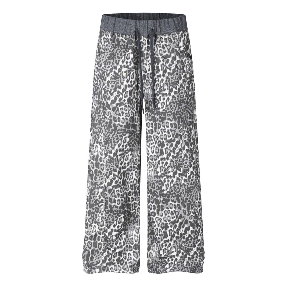 Pantalon de survêtement homme à jambes larges – Imprimé léopard gris avec broderie au dos
