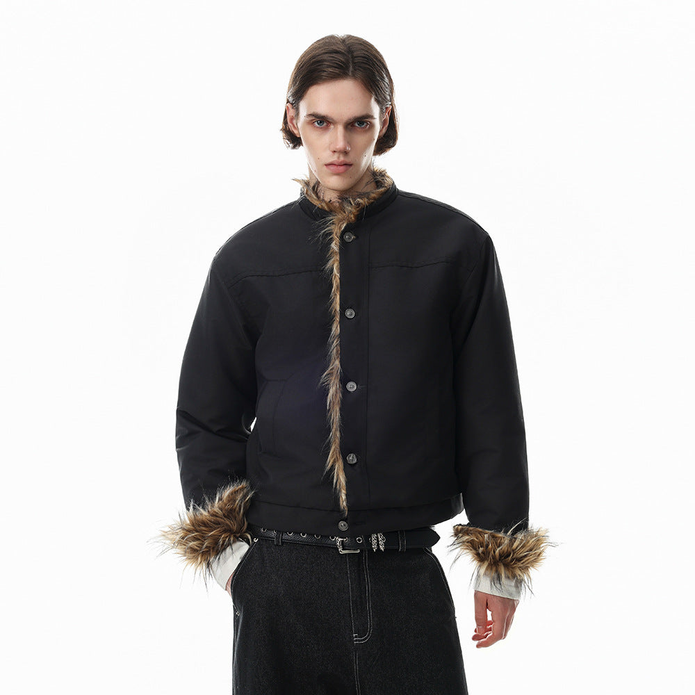 Men's black faux fur trim stand collar padded jacket with button front and cropped boxy fit