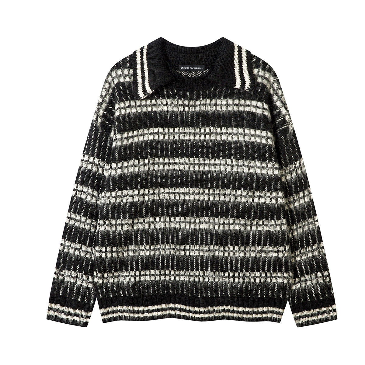 Oversized black and cream striped knit sweater with polo collar and fuzzy brushed texture, front view