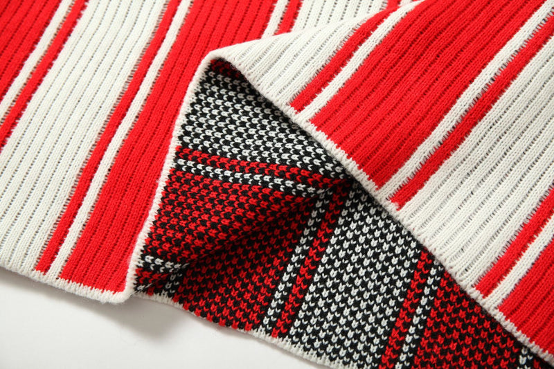 Red and White Striped V-Neck Sweater – Number 17 Oversized Knit Sports Jersey